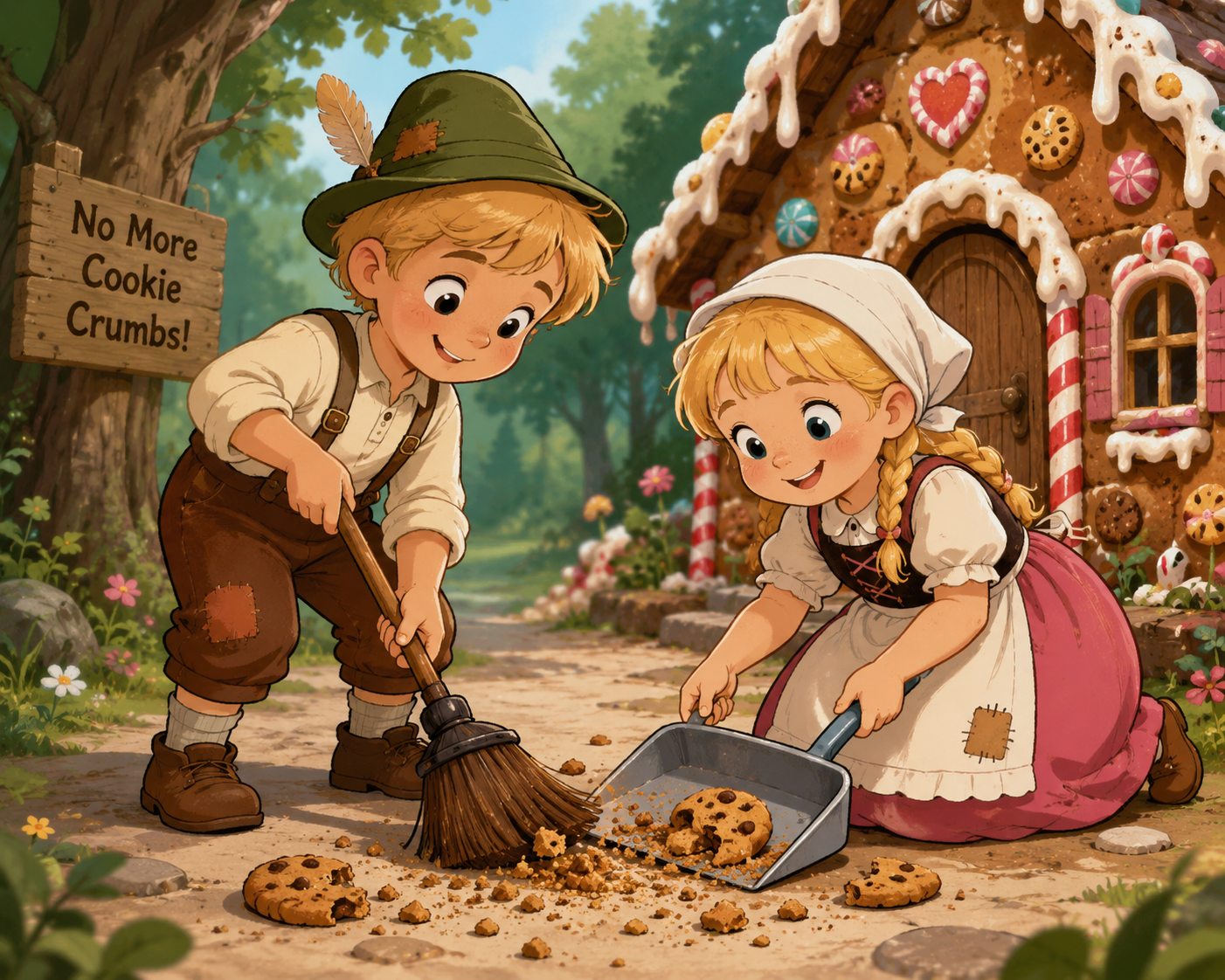 Hansel and Gretel cleaning cookie crumbs